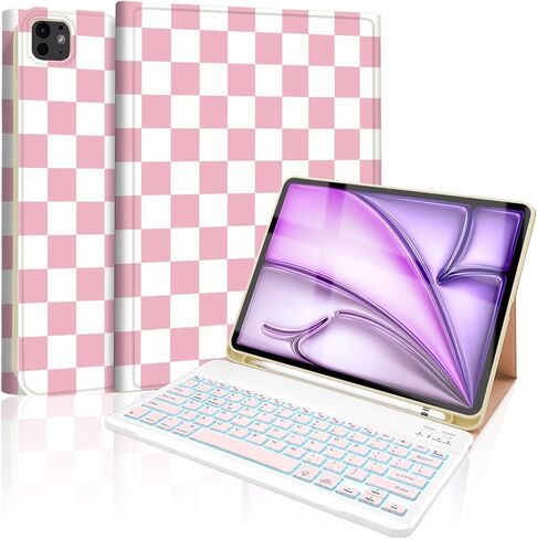 حافظة لجهاز iPad Air 13 بوصة (M4/M3/M2-2026/2025/2024) مع لوحة مفاتيح، غطاء لوحة مفاتيح لاسلكية مع حامل قلم لجهاز iPad Pro 12.9 بوصة 6th/5th/4th/3rd، بني منقوش مربعات-أبيض in Kuwait