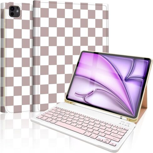 حافظة لجهاز iPad Air 13 بوصة (M4/M3/M2-2026/2025/2024) مع لوحة مفاتيح، غطاء لوحة مفاتيح لاسلكية مع حامل قلم لجهاز iPad Pro 12.9 بوصة 6th/5th/4th/3rd، بني منقوش مربعات-أبيض in Kuwait