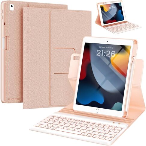 حافظة لوحة مفاتيح لجهاز iPad 9th/8th/7th Generation 10.2 بوصة، حافظة iPad Pro 10.5 بوصة قابلة للدوران 360 درجة مع حامل قلم رصاص، غطاء فوليو للوحة مفاتيح بلوتوث بإضاءة خلفية 7 ألوان (ذهبي وردي) in Kuwait