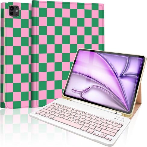 حافظة لجهاز iPad Air 13 بوصة (M4/M3/M2-2026/2025/2024) مع لوحة مفاتيح، غطاء لوحة مفاتيح لاسلكية مع حامل قلم لجهاز iPad Pro 12.9 بوصة 6th/5th/4th/3rd، بني منقوش مربعات-أبيض in Kuwait