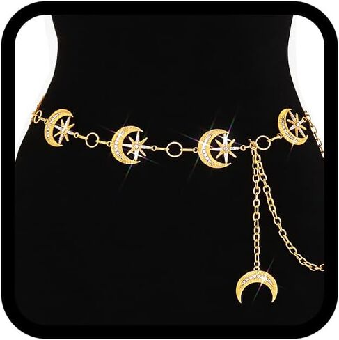 ELABEST Rhinestone Moon Chain Belt Sparkly Star Waist Chain Adjustable Body Jewley for Women Dress Belt Accessory in Saudi Arabia
