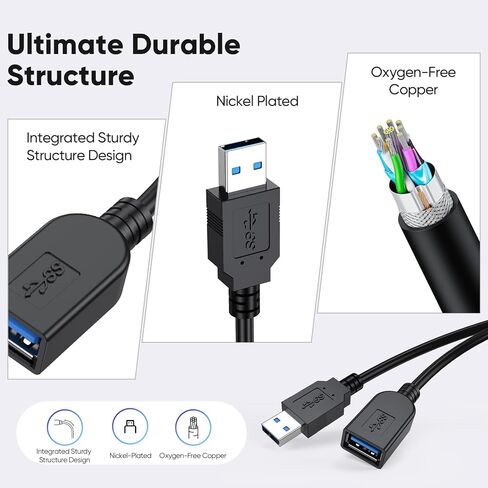 كابل تمديد USB 3 أقدام 2 حزمة، سلك موسع USB 3.0 لنقل البيانات بسرعة 5 جيجابت في الثانية وشحن سريع 18 وات، كابلات من النوع A ذكر إلى أنثى متوافقة مع الماوس ولوحة المفاتيح ومحركات الأقراص الصلبة والكمبيوتر المحمول والشاشة والمحور والكاميرا in Kuwait