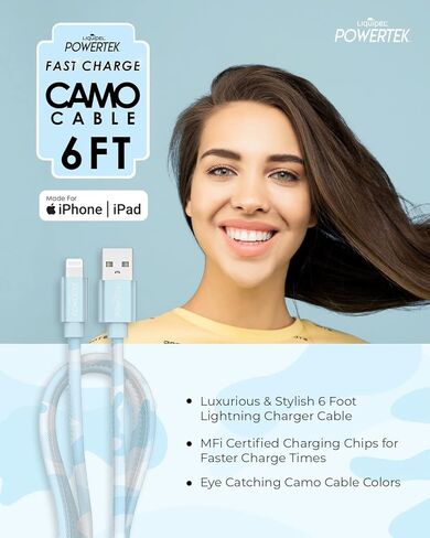 LIQUIPEL Powertek Camo MFi معتمد USB إلى شاحن Lightning، كابل 6 أقدام متوافق مع iPhone وiPad والمزيد (أزرق) in Kuwait