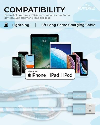 LIQUIPEL Powertek Camo MFi معتمد USB إلى شاحن Lightning، كابل 6 أقدام متوافق مع iPhone وiPad والمزيد (أزرق) in Kuwait