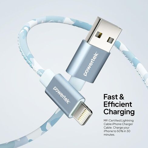 LIQUIPEL Powertek Camo MFi معتمد USB إلى شاحن Lightning، كابل 6 أقدام متوافق مع iPhone وiPad والمزيد (أزرق) in Kuwait