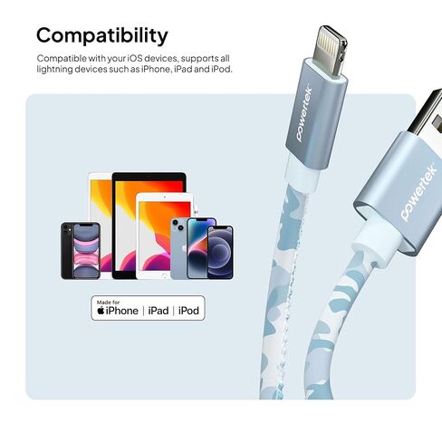LIQUIPEL Powertek Camo MFi معتمد USB إلى شاحن Lightning، كابل 6 أقدام متوافق مع iPhone وiPad والمزيد (أزرق) in Kuwait