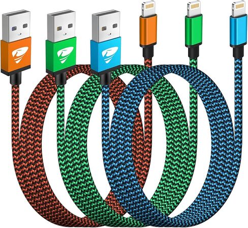 شاحن Aioneus iPhone، [معتمد من MFi] 3 حزم (6أقدام) كابل Lightning، كابل iPhone للشحن السريع المضفر من النايلون متوافق مع iPhone 13 12 11 Pro Max XR XS X 8 7 6 Plus SE in Kuwait