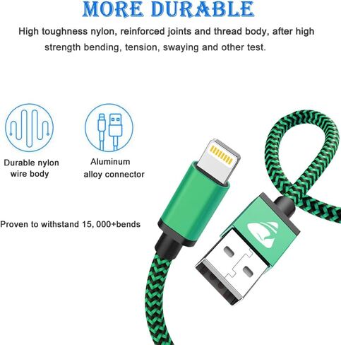 شاحن Aioneus iPhone، [معتمد من MFi] 3 حزم (6أقدام) كابل Lightning، كابل iPhone للشحن السريع المضفر من النايلون متوافق مع iPhone 13 12 11 Pro Max XR XS X 8 7 6 Plus SE in Kuwait