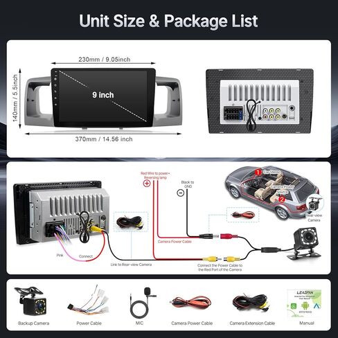 Leadfan Linux Car Stereo for Toyota Corolla 2003 2004 2005 2006 2007 Wireless CarPlay Android Auto، تمهيد سريع 9 بوصة شاشة تعمل باللمس كورولا راديو بلوتوث FM مرآة رابط التحكم الصوتي SWC + كاميرا احتياطية in Kuwait