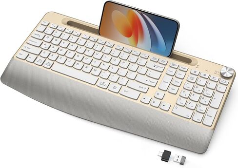 GAMCATZ Ergonomic Wireless Keyboard with Wrist Rest-Low-Profile,Phone/Tablet Holder,Quiet Design，Windows & Mac OS，Full Size Cordless USB Computer Keyboard for Desktop,Laptop, PC, Mac, Windows-Gold in Kuwait