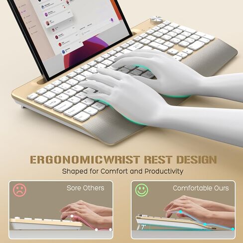 GAMCATZ Ergonomic Wireless Keyboard with Wrist Rest-Low-Profile,Phone/Tablet Holder,Quiet Design，Windows & Mac OS，Full Size Cordless USB Computer Keyboard for Desktop,Laptop, PC, Mac, Windows-Gold in Kuwait