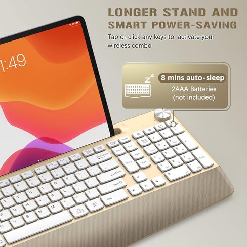 GAMCATZ Ergonomic Wireless Keyboard with Wrist Rest-Low-Profile,Phone/Tablet Holder,Quiet Design，Windows & Mac OS，Full Size Cordless USB Computer Keyboard for Desktop,Laptop, PC, Mac, Windows-Gold in Kuwait