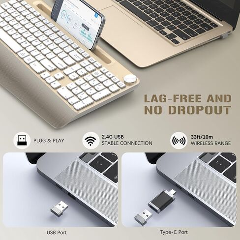 GAMCATZ Ergonomic Wireless Keyboard with Wrist Rest-Low-Profile,Phone/Tablet Holder,Quiet Design，Windows & Mac OS，Full Size Cordless USB Computer Keyboard for Desktop,Laptop, PC, Mac, Windows-Gold in Kuwait