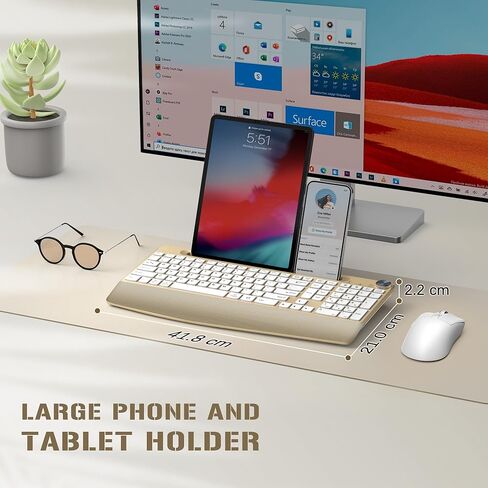 GAMCATZ Ergonomic Wireless Keyboard with Wrist Rest-Low-Profile,Phone/Tablet Holder,Quiet Design，Windows & Mac OS，Full Size Cordless USB Computer Keyboard for Desktop,Laptop, PC, Mac, Windows-Gold in Kuwait