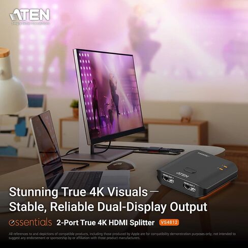 ATEN Essentials VS4812 2-Port True 4K HDMI Splitter, 1 Source to 2 Displays, 4096x2160, HDR10+, Deep Color, HDCP1.4, HDCP2.2, DTS-HD, Dolby TrueHD, One Touch Screen Off in Kuwait