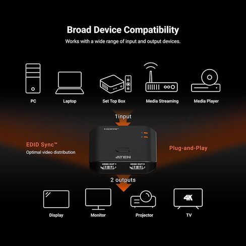ATEN Essentials VS4812 2-Port True 4K HDMI Splitter, 1 Source to 2 Displays, 4096x2160, HDR10+, Deep Color, HDCP1.4, HDCP2.2, DTS-HD, Dolby TrueHD, One Touch Screen Off in Kuwait