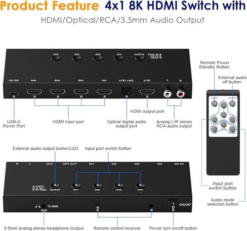 محول HDMI 4x1 8K مع مستخرج الصوت، محول HDMI 2.1 8K@60 هرتز مع جهاز تحكم عن بعد، مخرج صوت بصري/RCA/3.5 مم، يدعم HDR10، Dolby Vision، HDCP 2.3، متوافق مع PS5/Xbox/Apple TV/Soundbar in Kuwait