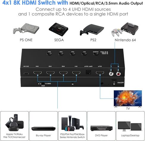 محول HDMI 4x1 8K مع مستخرج الصوت، محول HDMI 2.1 8K@60 هرتز مع جهاز تحكم عن بعد، مخرج صوت بصري/RCA/3.5 مم، يدعم HDR10، Dolby Vision، HDCP 2.3، متوافق مع PS5/Xbox/Apple TV/Soundbar in Kuwait