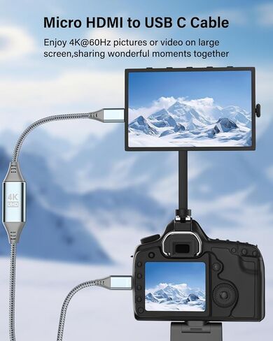 4K Micro HDMI to USB C Cable, 3FT Nylon Braided High-Speed Uni-Directional Cord Supports 4K@60Hz & 2K@120Hz, Compatible with Sony ZV-E10, Canon EOS M50, Raspberry Pi 4, GoPro Hero 7/6/5, Gray in Kuwait