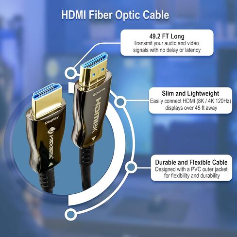 J-Tech Digital 8K HDMI 2.1 Fiber Cable 15M 50 FT Ultra High Speed 48 Gbps 4K @ 120Hz | 8K @ 60Hz Compatible with PS5 Xbox ROKU [JTECH-FCAB158K] in Kuwait