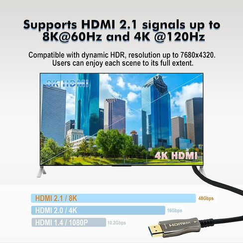 J-Tech Digital 8K HDMI 2.1 Fiber Cable 15M 50 FT Ultra High Speed 48 Gbps 4K @ 120Hz | 8K @ 60Hz Compatible with PS5 Xbox ROKU [JTECH-FCAB158K] in Kuwait