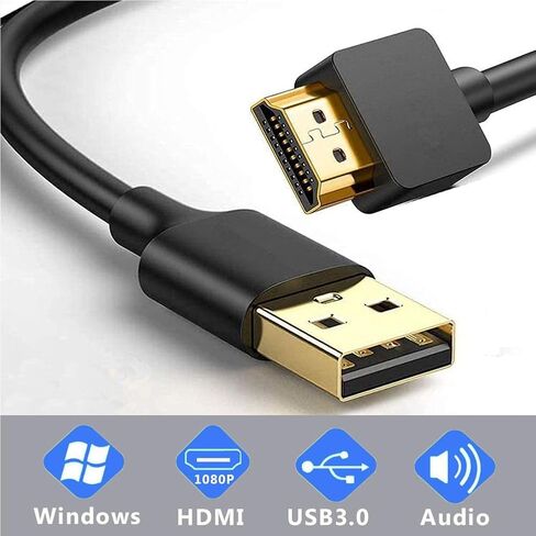 كابل USB مطور إلى HDMI 2M، محول فيديو USB-A إلى HDMI لنظام التشغيل Windows/Mac/iOS - كابل HDMI طويل 6.6FT للتلفزيون، بلو راي، جهاز العرض، الشاشة - التوصيل والتشغيل، 1080P HD (أسود) in Kuwait