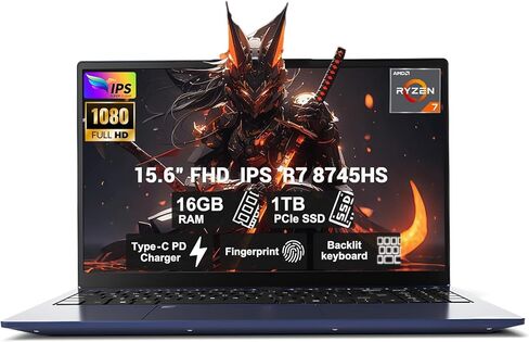 15.6" IPS FHD-Gaming-Laptop, AMD Ryzen 7 8745HS 16GB DDR5 RAM 1TB SSD (8C/16T, up to 4.9GHz) Radeon 780M Graphics Business Computer with 100W Type-C Backlit Keyboard, Fingerprint USB-C 4.0 in Kuwait