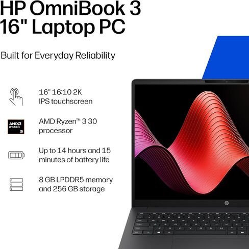 HP OmniBook 3 16 inch Laptop PC, 2K Touchscreen, AMD Ryzen 3 30, 8 GB RAM, 256 GB SSD, AMD Radeon 610M GPU, Windows 11 Home, Mica Silver, 16-by0199nr in Kuwait