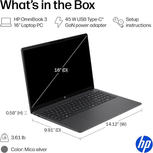 HP OmniBook 3 16 inch Laptop PC, 2K Touchscreen, AMD Ryzen 3 30, 8 GB RAM, 256 GB SSD, AMD Radeon 610M GPU, Windows 11 Home, Mica Silver, 16-by0199nr in Kuwait