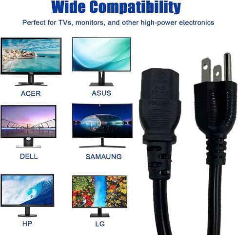 بديل سلك طاقة تيار متردد 3 شقوق لهاتف Samsung LG Dell HP Vizio والمزيد - 15 أمبير 125 فولت، 5 أقدام للخدمة الشاقة، مثالي لشاشة الكمبيوتر والتلفزيون والطابعة وجهاز العرض والمزيد من الأجهزة الإلكترونية in Kuwait