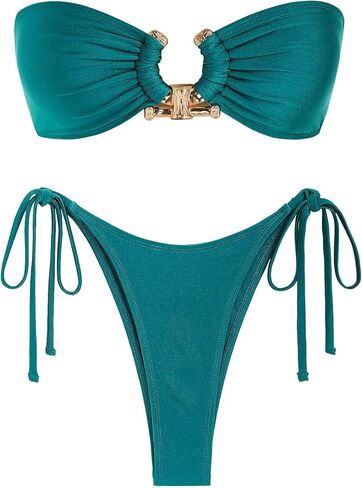 ZAFUL Metal Ring Bandeau Bikini Set Tie Side Bathing Suit High Cut 2 Piece Swimsuit Cutout Swimwear in Saudi Arabia