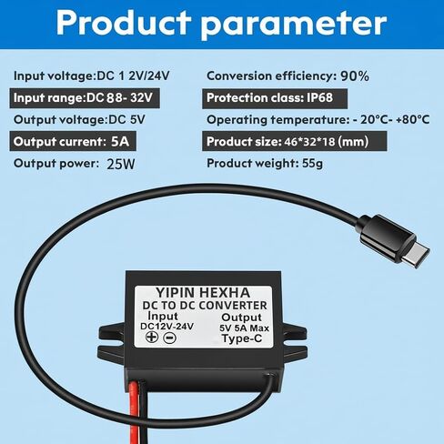 تيار مستمر 12 فولت/24 فولت إلى 5 فولت USB C 5A 25 واط محول خفض من النوع C واجهة باك وحدة مقاوم للماء محول الطاقة e (2-Pack) in Kuwait