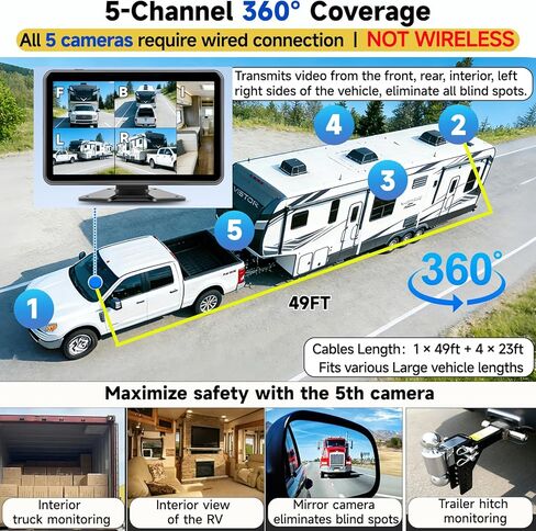 5 نظام كاميرا احتياطية سلكية، شاشة لمس عالية الدقة 10.1 بوصة DVR 5 قنوات وكاميرات رؤية جانبية خلفية 1080 بكسل، رؤية ليلية بالأشعة تحت الحمراء مقاومة للماء، كشف البقع العمياء للشاحنة/RV/المقطورة/الجرار/الصندوق/المعدات الثقيلة in Kuwait