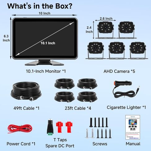 5 نظام كاميرا احتياطية سلكية، شاشة لمس عالية الدقة 10.1 بوصة DVR 5 قنوات وكاميرات رؤية جانبية خلفية 1080 بكسل، رؤية ليلية بالأشعة تحت الحمراء مقاومة للماء، كشف البقع العمياء للشاحنة/RV/المقطورة/الجرار/الصندوق/المعدات الثقيلة in Kuwait