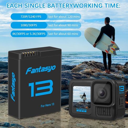 بطارية Fantasyo بقدرة 2100 مللي أمبير في الساعة لكاميرا GoPro Hero 13 باللون الأسود، عبوتان من البطاريات البديلة القابلة لإعادة الشحن ذات السعة العالية in Kuwait