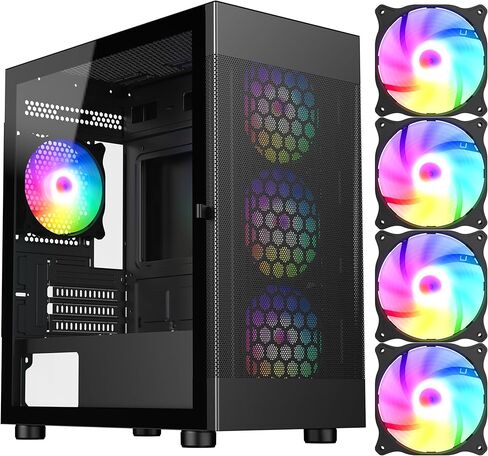 DIYPC ARGB-G5-BK Black USB3.0 Tempered Glass Micro ATX Gaming Computer Case w/ 4 x ARGB Fans (Pre-Installed) in Kuwait