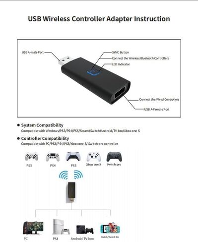Bluetooth Controller Adapter for PS5/PS4/PS3/Xbox One S/Switch Pro, USB Wireless Game Controller Receiver with Wired Port, Compatible with PC/Switch/Android TV Box in Kuwait
