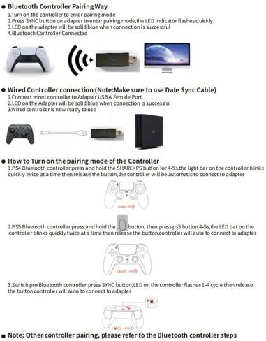 Bluetooth Controller Adapter for PS5/PS4/PS3/Xbox One S/Switch Pro, USB Wireless Game Controller Receiver with Wired Port, Compatible with PC/Switch/Android TV Box in Kuwait