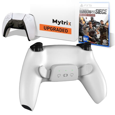 Mytrix Customized Controller with 2 Remappable Paddles for PlayStation 5 (PS5), Programmable Back Buttons with Fast Turbo Auto-Fire, 3 Setup Saving Slots Onboard Switch - White, with Rainbow 6 Siege in Kuwait