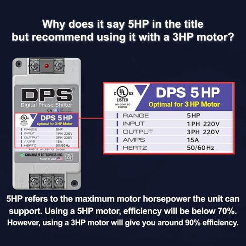 محول DPS أمريكي أحادي الطور إلى 3 مراحل، 5HP، 15A، الإدخال/الإخراج 200 فولت - 240 فولت، محول الطور الرقمي، يجب استخدامه لمحرك 3HP(2.2kW) 9A، يجب استخدام DPS لمحرك واحد فقط، مدرج في قائمة UL in Kuwait
