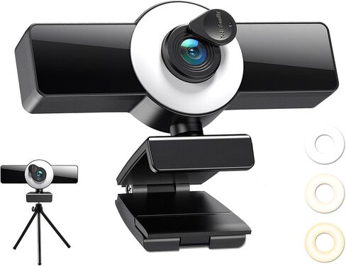 1080P Webcam with Microphone, Web Camera with Fill Light Privacy Cover and Tripod, Computer Camera for Zoom Meeting, Streaming, Video Call in Kuwait