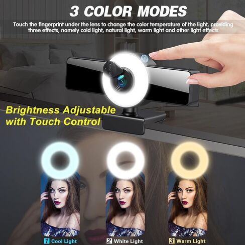 1080P Webcam with Microphone, Web Camera with Fill Light Privacy Cover and Tripod, Computer Camera for Zoom Meeting, Streaming, Video Call in Kuwait