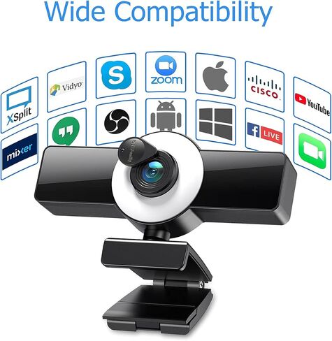 1080P Webcam with Microphone, Web Camera with Fill Light Privacy Cover and Tripod, Computer Camera for Zoom Meeting, Streaming, Video Call in Kuwait