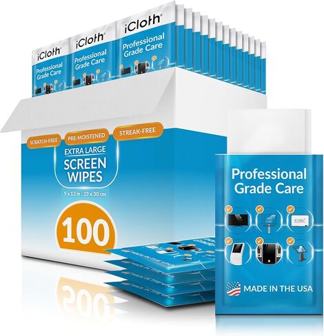 iCloth LCD Screen Cleaner – All-in-One TV Screen Cleaner Wipes – Streak-Free Cleaning for Your Flat Screen TV, Touch TV Screen, Computer Monitor and Electronics – 100 XL Wipes, 9" x 12" Each in Saudi Arabia