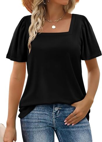 WIHOLL Womens Summer Tops Casual Square Neck Puff Short Sleeve T Shirts in Kuwait