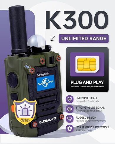 أجهزة راديو Global-ptt K300 PoC نطاق غير محدود، ترخيص PTT مجاني مدى الحياة 4G LTE تغطية على الصعيد الوطني أجهزة اتصال لاسلكية مدمجة بمصباح يدوي متين وراديو اتجاهين للعمل والأمن والبناء (2، أخضر) in Kuwait