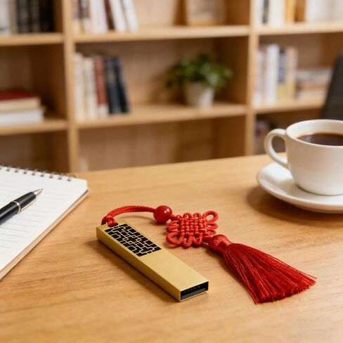 محرك فلاش USB سعة 8 جيجابايت، معدن نحاسي على الطراز الصيني القديم، تصميم نمط نافذة مجوف مع سلك تعليق على شكل شرابة بعقدة صينية in Kuwait