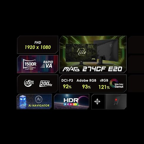 شاشة ألعاب msi MAG 274CF E20 مقاس 27 بوصة 1920 × 1080 (FHD)، 200 هرتز، مزامنة متكيفة، HDMI، منفذ DisplayPort، قابل للتركيب على VESA، قابل للتعديل بالإمالة، 0.5 مللي ثانية، أسود in Kuwait