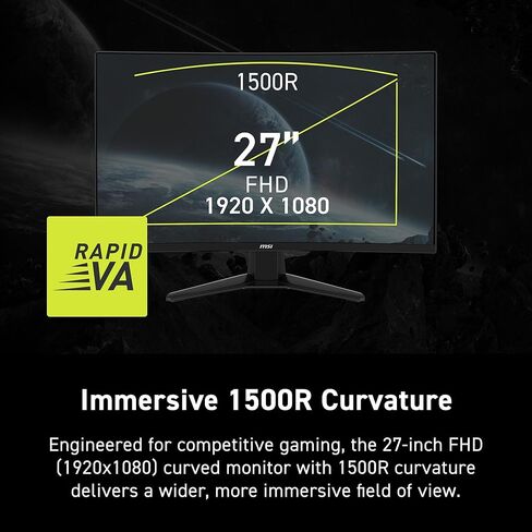 شاشة ألعاب msi MAG 274CF E20 مقاس 27 بوصة 1920 × 1080 (FHD)، 200 هرتز، مزامنة متكيفة، HDMI، منفذ DisplayPort، قابل للتركيب على VESA، قابل للتعديل بالإمالة، 0.5 مللي ثانية، أسود in Kuwait