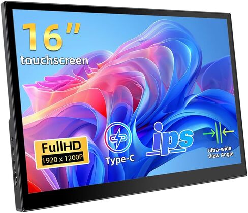 شاشة لمس محمولة 16 بوصة 1920X1200P IPS تعمل باللمس مع منفذ USB C HDMI، 350cd/m²، شاشات خارجية لأجهزة الكمبيوتر المحمول والهواتف وأجهزة الكمبيوتر PS4/5 in Kuwait